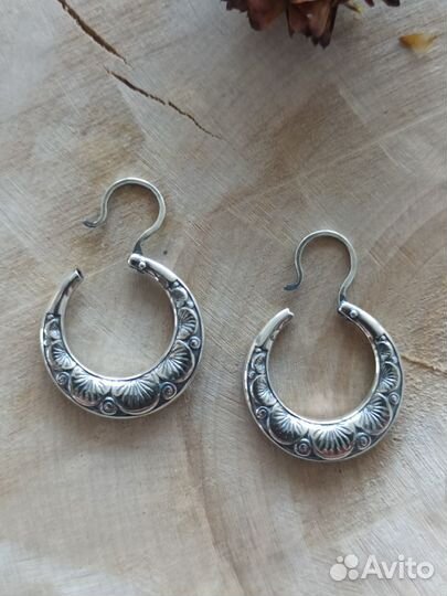 Серебряные серьги калачи СССР с рисунком