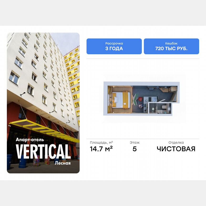 Апартаменты-студия, 14,7 м², 5/14 эт.