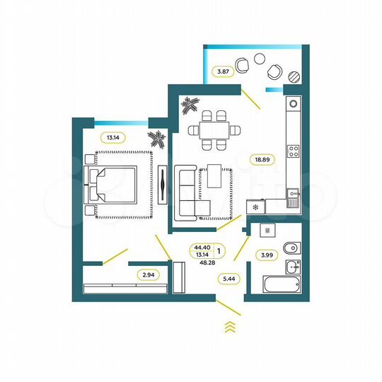 1-к. квартира, 48,3 м², 3/8 эт.
