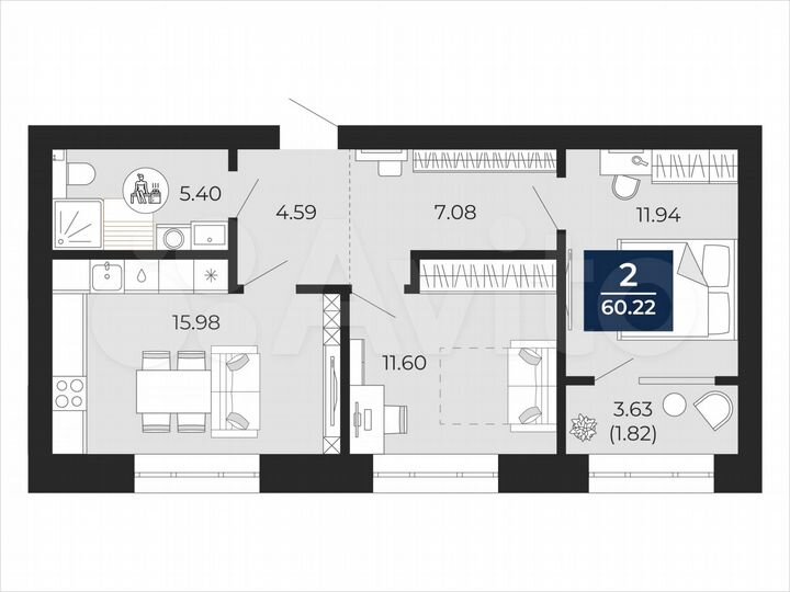 2-к. квартира, 60,2 м², 10/12 эт.