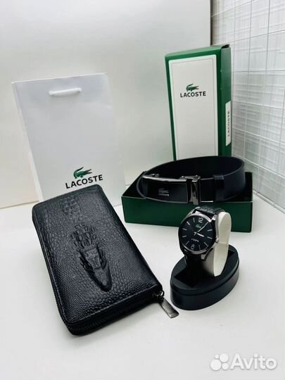 Мужской набор Lacoste часы, клатч и ремень