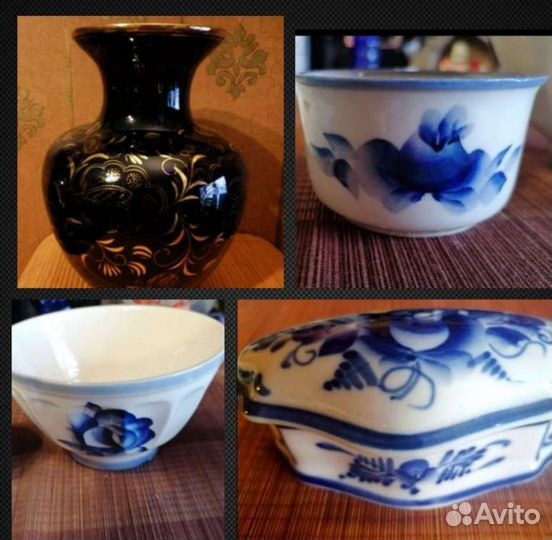 Гжель старая ваза, шкатулка, чаша, солонки