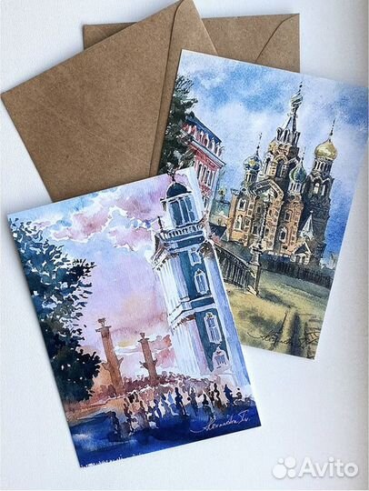 Акварельные открытки с Петербургом 4шт