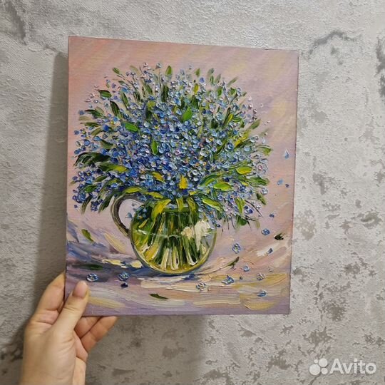 Незабудки картина маслом миниатюра цветы натюрморт