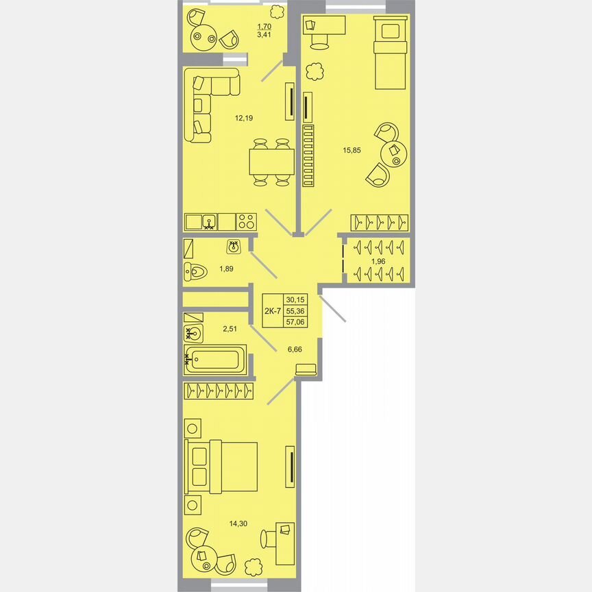 2-к. квартира, 57,1 м², 16/17 эт.
