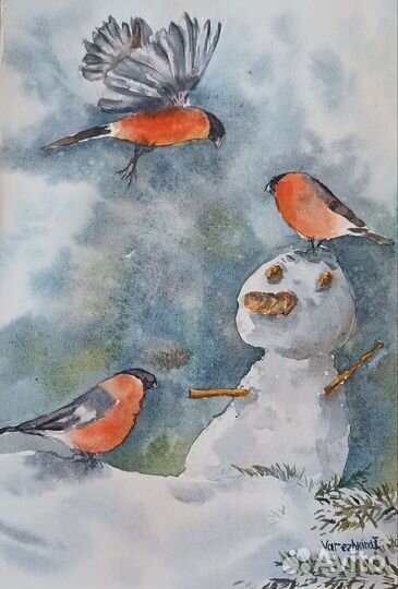 Картина акварель Снегири и Снеговик