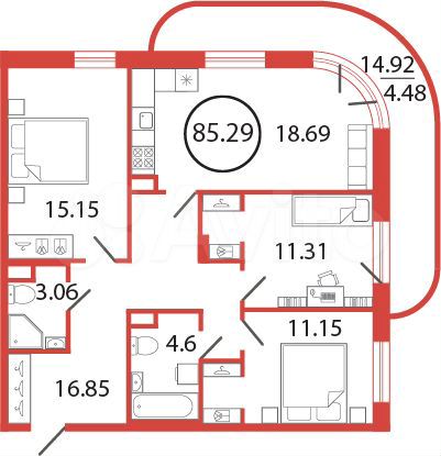 3-к. квартира, 85,3 м², 2/12 эт.