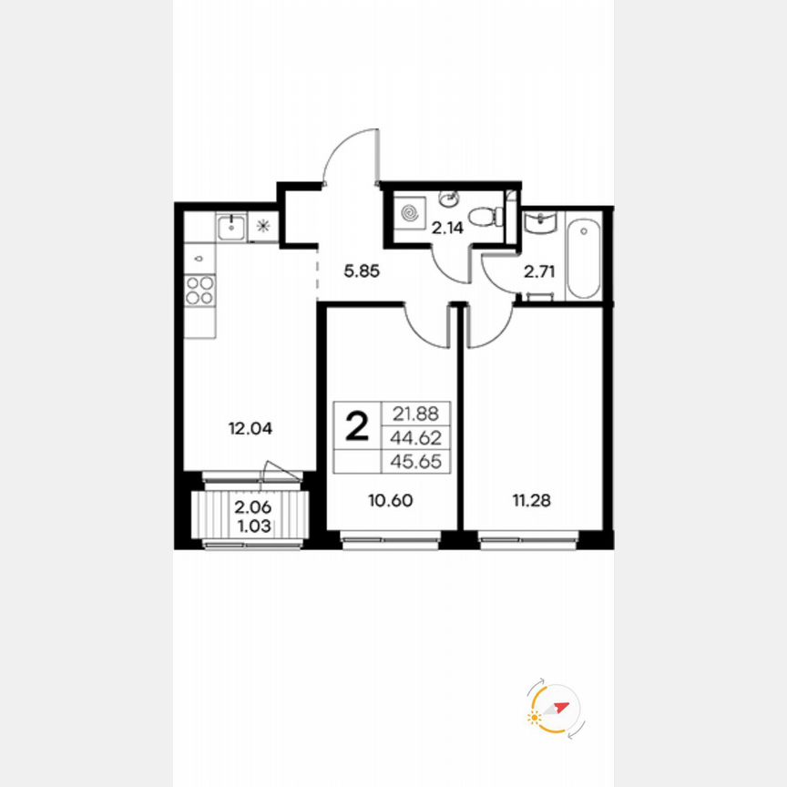 2-к. квартира, 45,7 м², 2/9 эт.