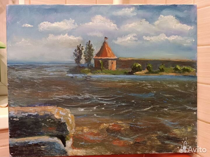 Картина маслом крепость Орешек, Ладога