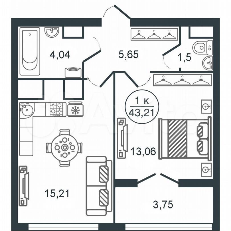 1-к. квартира, 43,2 м², 3/16 эт.