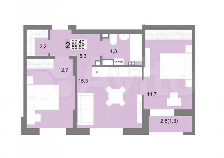 2-к. квартира, 55,6 м², 12/17 эт.