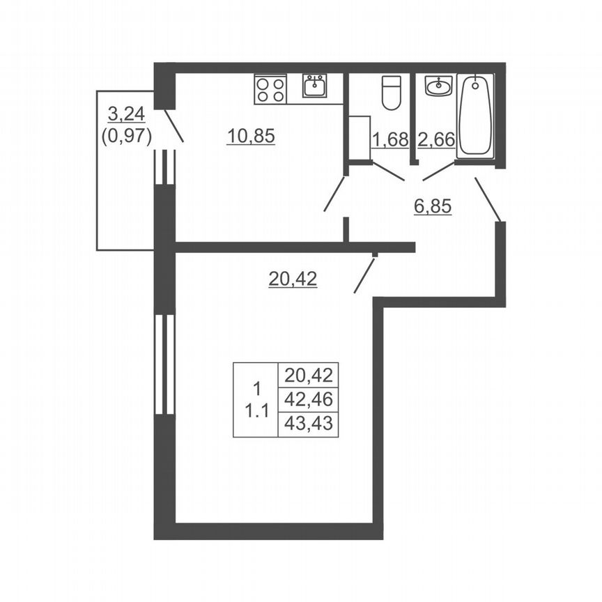 1-к. квартира, 43,4 м², 15/16 эт.