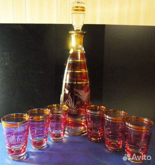 Богемия 1970г графин и 6 бокалов Ручная гравировка