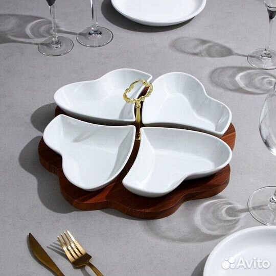 Менажница 'Сердце', 4 шт 300 мл, деревянное основа