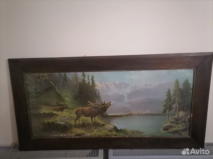 Старинная Картина Олени у озера. Большая