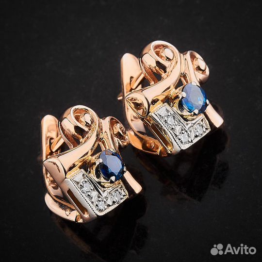 Серьги из комбинированного золота с сапфирами и бр