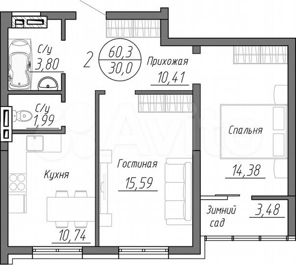 2-к. квартира, 60,3 м², 8/25 эт.