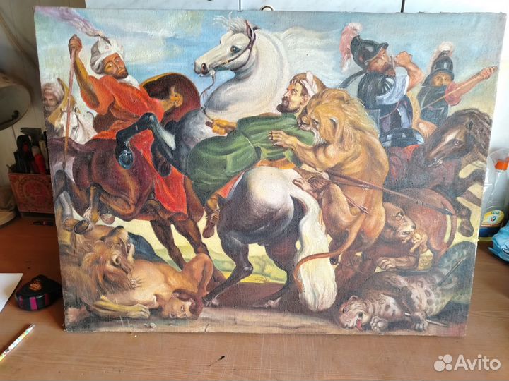Картина 50х годов, х/м, охота на львов