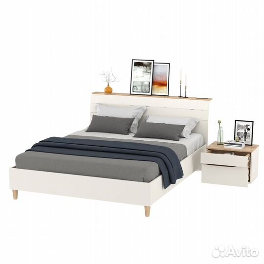 Кровать двуспальная Муссон 1600 с ортопедическим основанием и прикроватная тумба белый/дуб эндгрейн