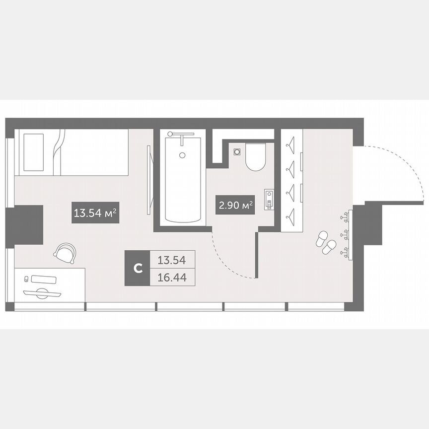 1-к. апартаменты, 16,4 м², 2/13 эт.