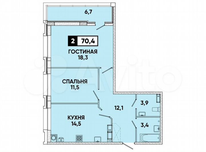 2-к. квартира, 70,4 м², 12/16 эт.