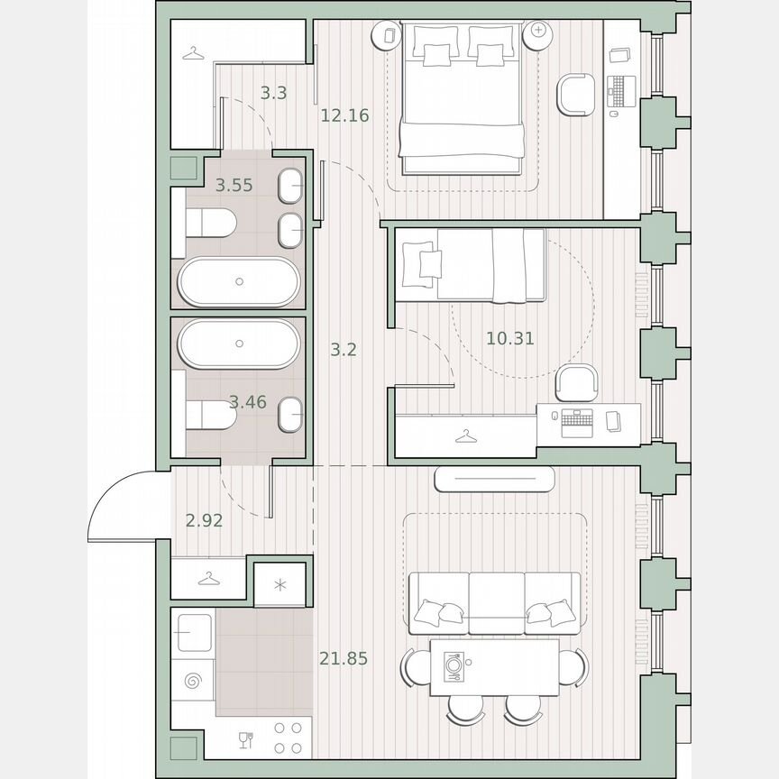 2-к. квартира, 60,8 м², 24/44 эт.