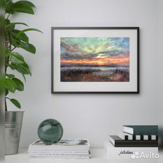 Картина маслом Закат, летний пейзаж