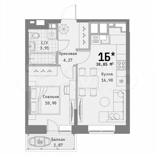 1-к. квартира, 38,9 м², 1/9 эт.