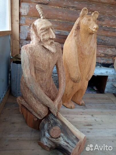 Скульптуры из дерева - 2 медведя, старовер и пушка