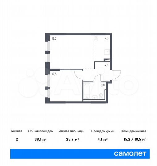 2-к. квартира, 38,1 м², 13/16 эт.
