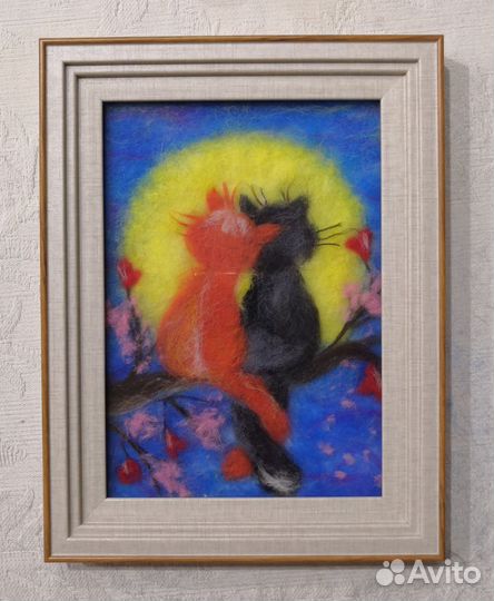 Картина из шерсти Влюбленные котики