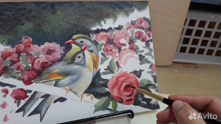 Картина маслом Соловьи и розы 18х24см