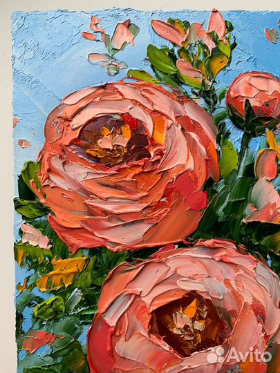 Картина маслом букет пионов цветочный пейзаж