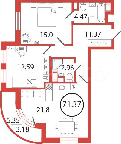 2-к. квартира, 71,4 м², 4/12 эт.