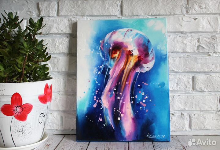 Картина маслом на холсте с медузой 40/30 см