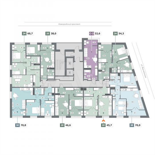 2-к. квартира, 45,7 м², 6/15 эт.