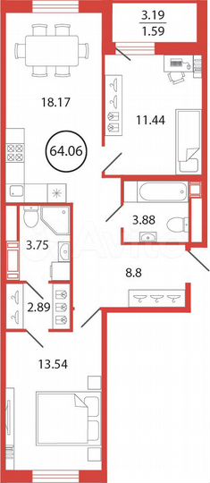 2-к. квартира, 64,1 м², 5/12 эт.
