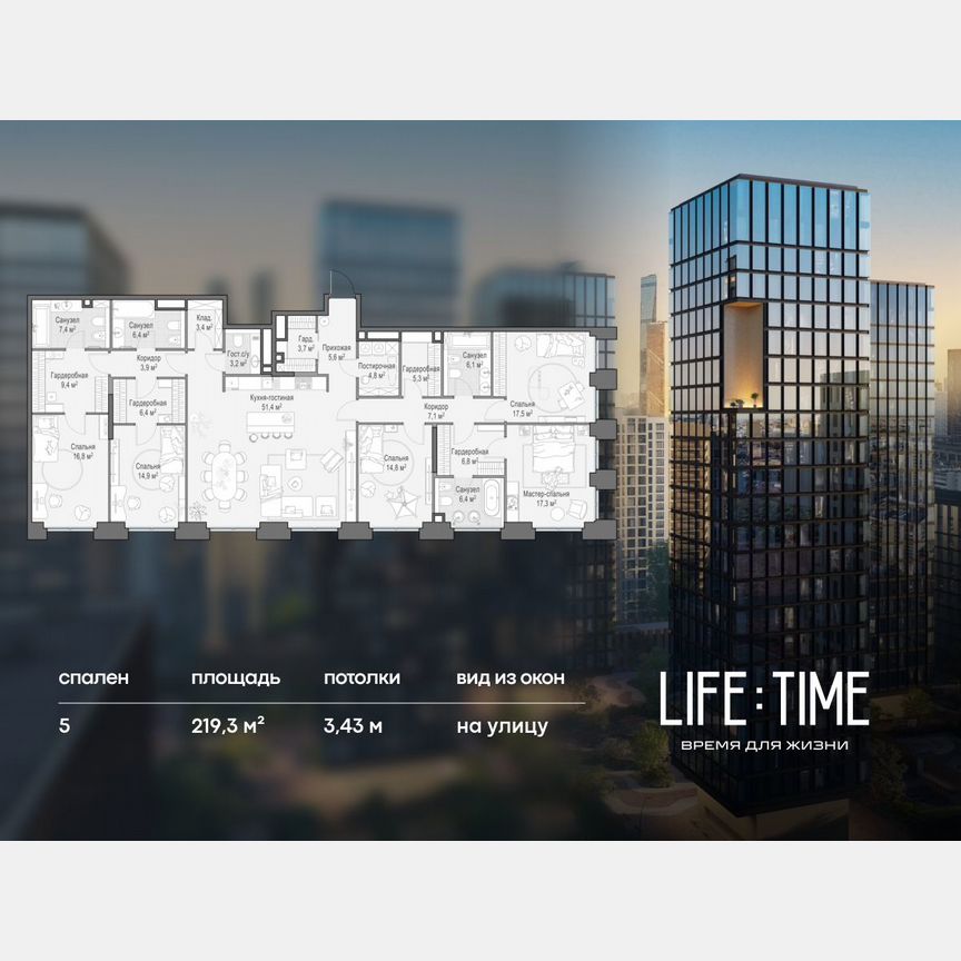 5-к. квартира, 219,3 м², 19/22 эт.