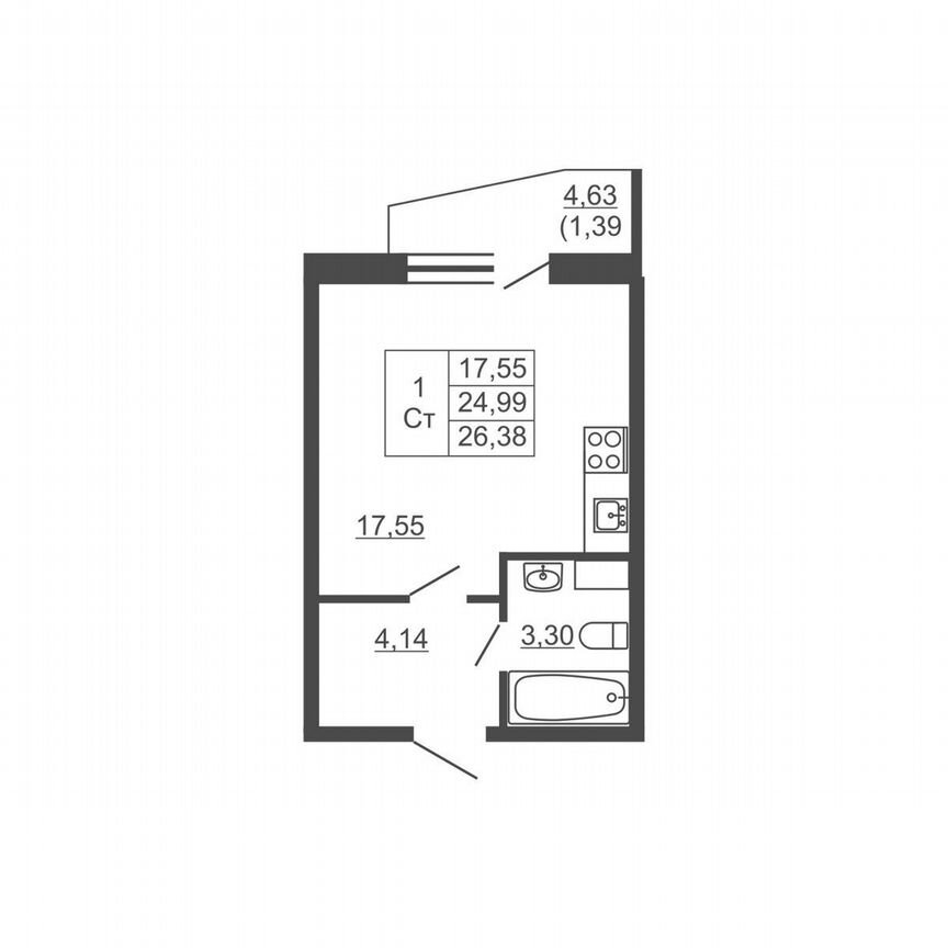 Квартира-студия, 26,4 м², 10/16 эт.