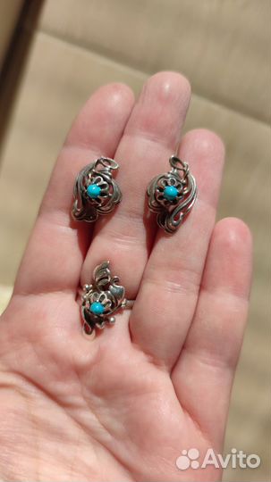 Серебро серьги кольцо комплект с бирюзой
