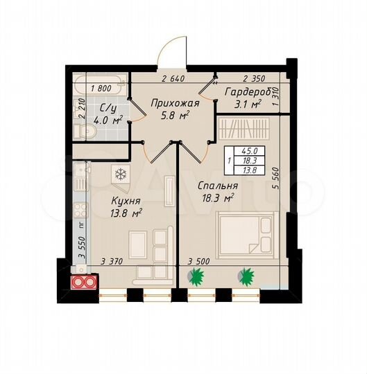 1-к. квартира, 45 м², 2/10 эт.