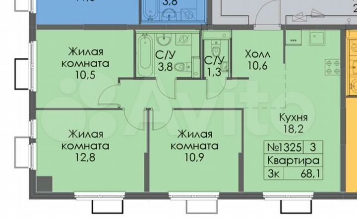 3-к. квартира, 68,1 м², 6/25 эт.