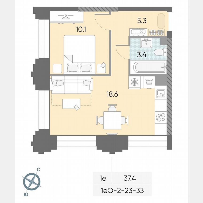 1-к. квартира, 37,4 м², 33/43 эт.