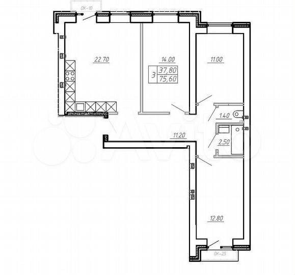 2-к. квартира, 77 м², 3/4 эт.