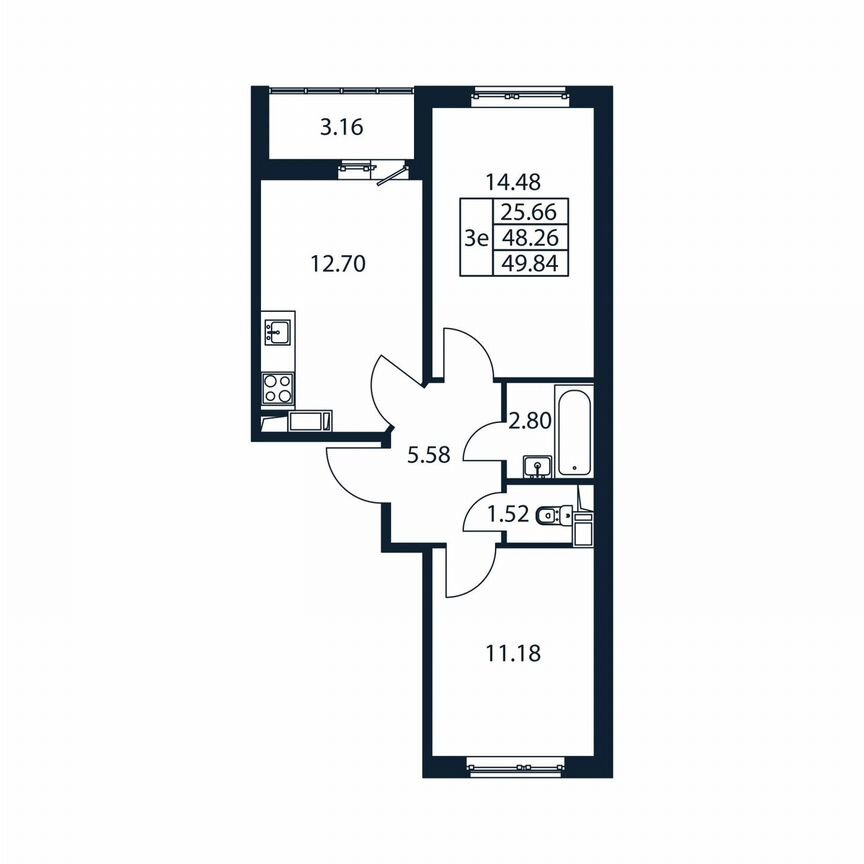 2-к. квартира, 51,4 м², 5/12 эт.