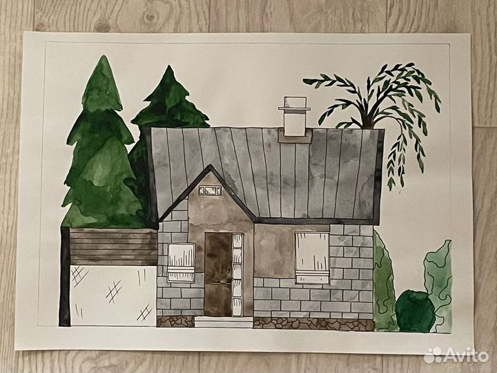 Рисунок дома акварелью