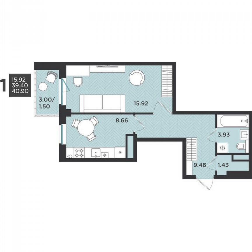 1-к. квартира, 40,9 м², 2/4 эт.