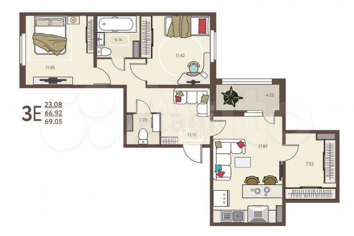 2-к. квартира, 69,1 м², 7/18 эт.