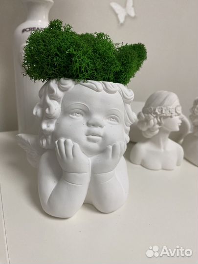 Кашпо Ангелочек + живой мох новое