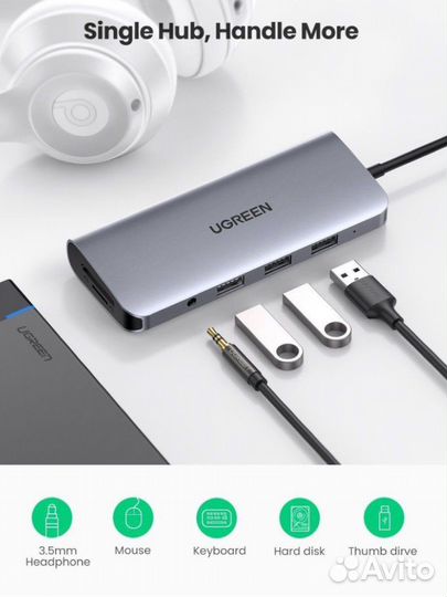 USB хаб ugreen 80133 hdmi, VGA, RJ45